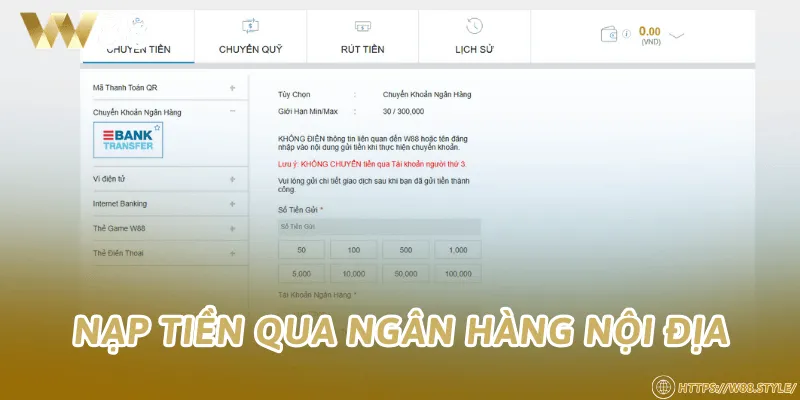 Nạp tiền qua ngân hàng nội địa